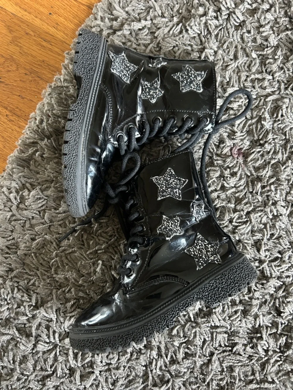 Toddler Girl Black Patent Lace-Up Star Combat Boots Size 26